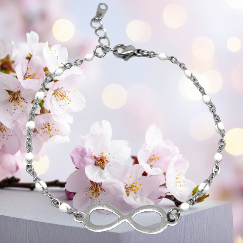 Bracelet Infini Acier Inoxydable & Perles Blanches - Lyne Créa
