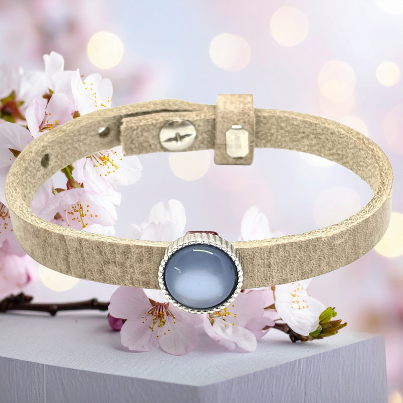 Bracelet Fin Cuir Beige & Cabochon Bleu Oeil de Chat - Lyne Créa