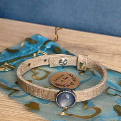 Bracelet Fin Cuir Beige & Cabochon Bleu Oeil de Chat - Lyne Créa