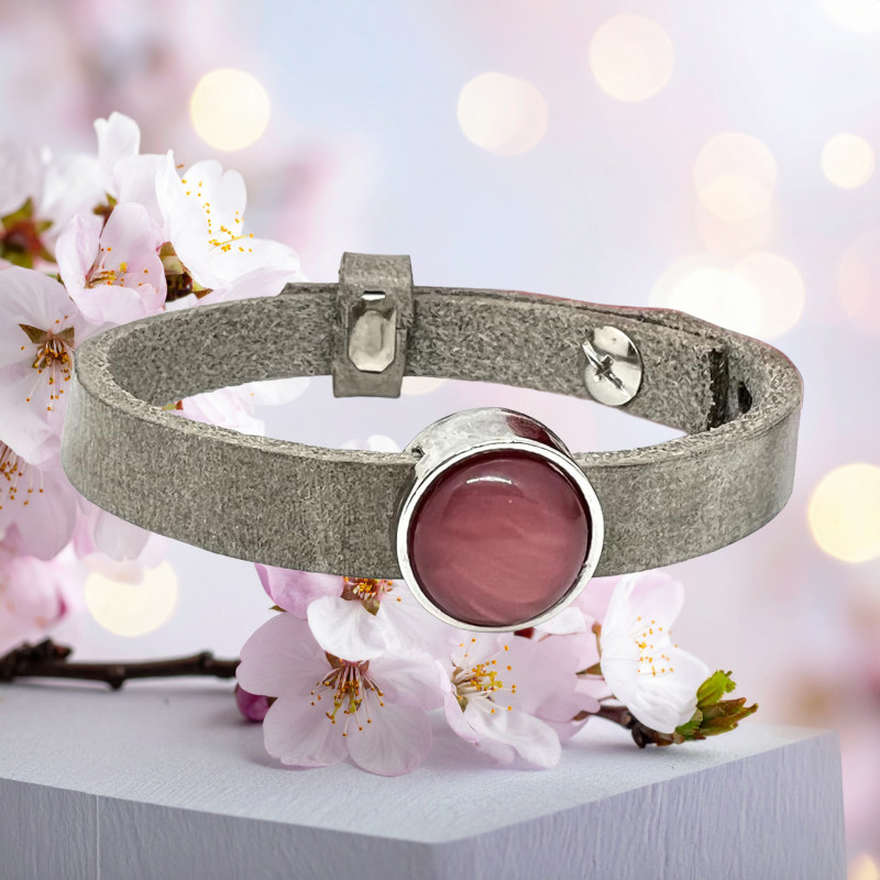 Bracelet Fin taupe & Cabochon rose  Oeil de Chat - Lyne Créa