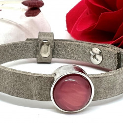 Bracelet Fin taupe & Cabochon rose  Oeil de Chat - Lyne Créa