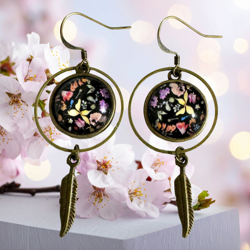 Boucles d'Oreilles Fleurs  - Bohème Plume Bronze - Bijoux Fait Main