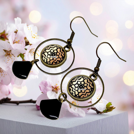 Boucles d'Oreilles Cabochons "Mosaïque Géométrique" - Bronze Antique & Noir