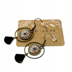 Boucles d'Oreilles Cabochons "Mosaïque Géométrique" - Bronze Antique & Noir