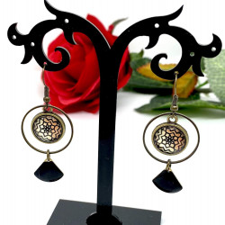 Boucles d'Oreilles Cabochons "Mosaïque Géométrique" - Bronze Antique & Noir