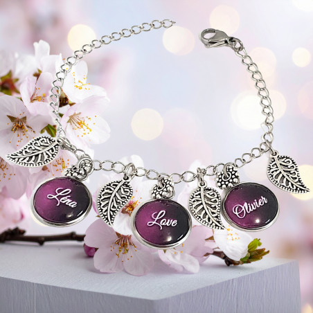 Bracelet Prénoms Personnalisé Cabochons Violets et Breloques Feuilles