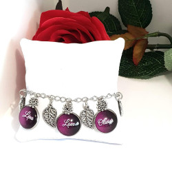 Bracelet Prénoms Personnalisé Cabochons Violets et Breloques Feuilles